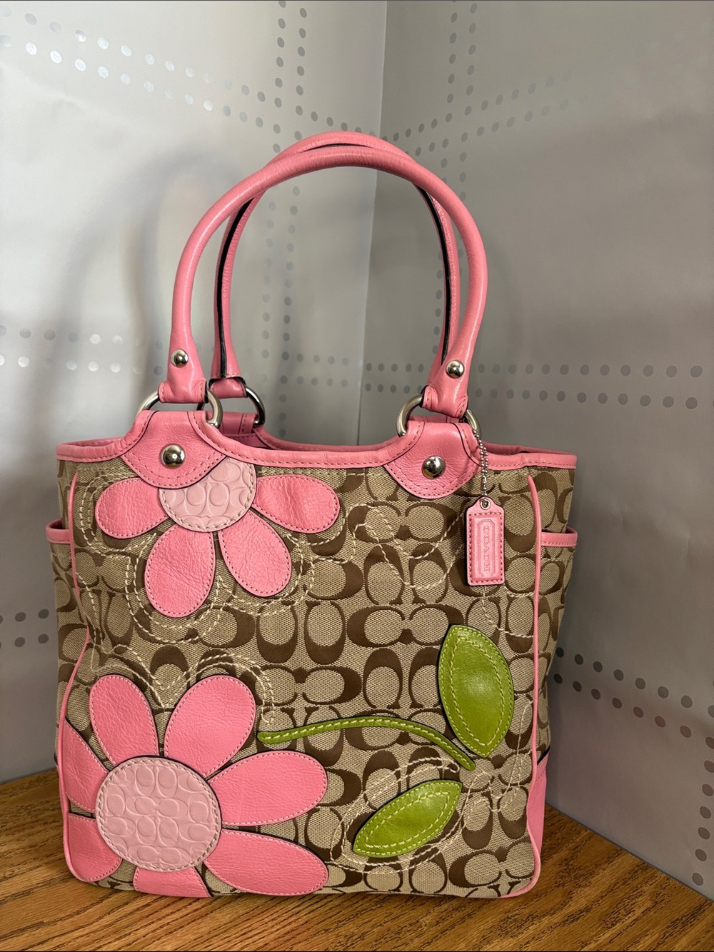 Coach Pink Floral Signature Canvas Tote with Green Leaf Accents